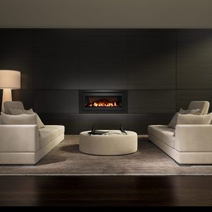 Dark contemporary living room with a fireplace